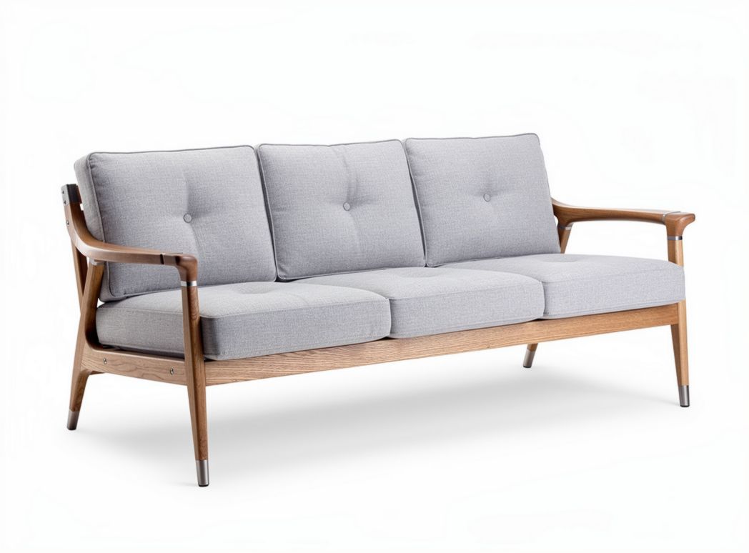 Sofa trzyosobowa z szarym materiałem i drewnianą ramą 200 x 85 x 80cm